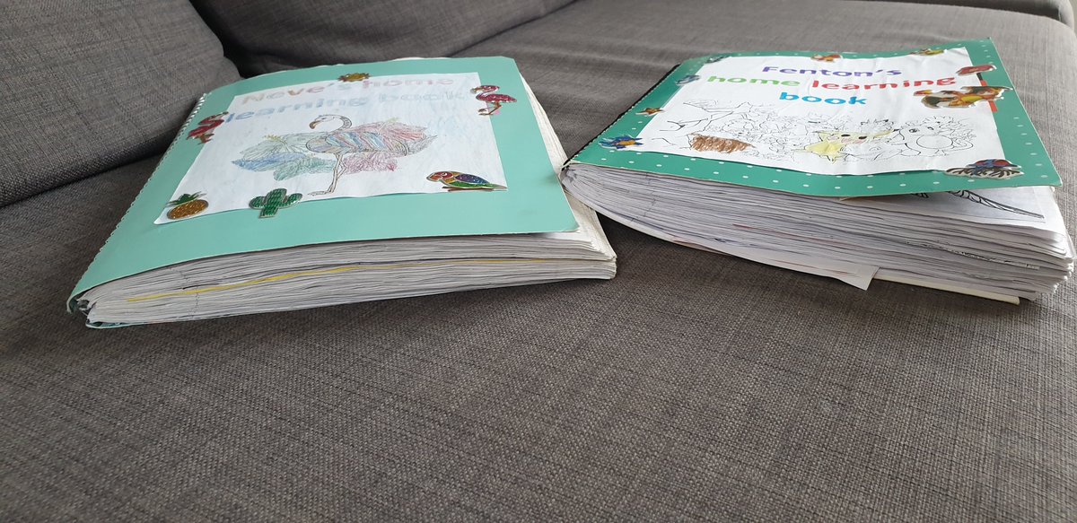 Emma80Jones's tweet photo. @sfsmtweets @StFaithsTweets  both have completed book 1 of lockdown home school work. Lovely to be able to look through &amp; remember it all (including the falling outs, us quickly looking info up to be able to help &amp; the days when we scrapped it for the paddling pool &amp; ice cream) https://t.co/dgb2v0GO7j