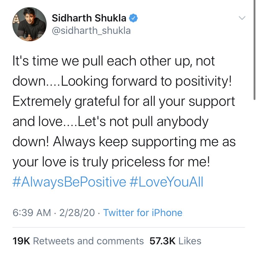 He came on twitter just a few days after BB ended and told everyone to stop fighting.. bec the fights during that time were really ugly. To stop pulling each other down... to spread love.  #SidharthShukla