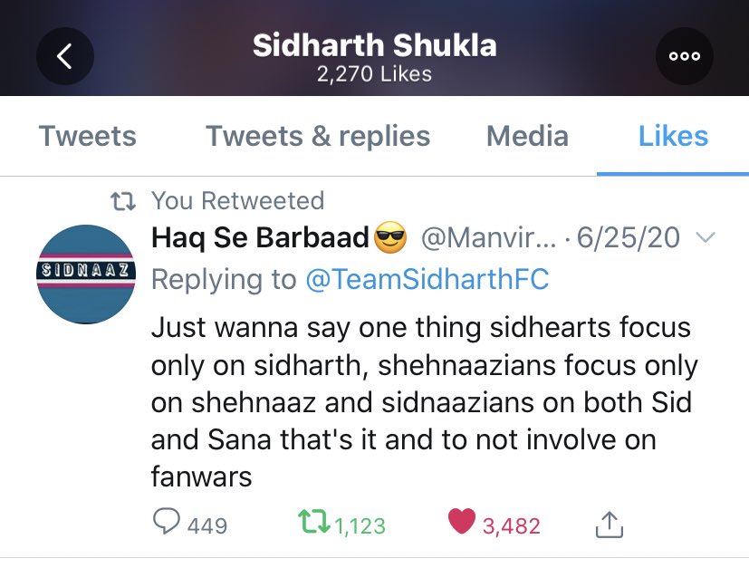 Lastly.. just recently he came on twitter and liked a tweet... saying for Sid fans to focus on Sid.. Sana fans to focus on Sana and SidNaaz fans to focus on SidNaaz !! A VERY CLEAR TWEET !! He liked !!  #SidharthShukla