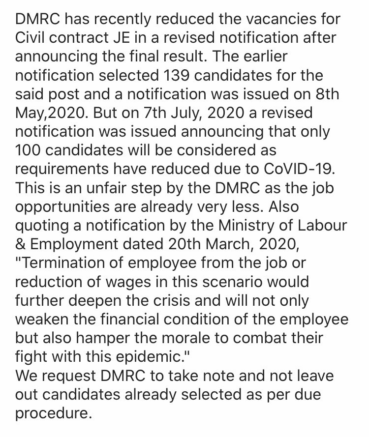#DMRC_Stop_Decreasing_Vacancies
DMRC decreased JE vacancies after final selection of candidates. 
That is devastating for students preparing very hard for years.
can lead students to the brink of sucide.
<a href="/MoHUA_India/">Ministry of Housing and Urban Affairs</a>
<a href="/HardeepSPuri/">Hardeep Singh Puri</a>
<a href="/CMODelhi/">CMO Delhi</a>
<a href="/PMOIndia/">PMO India</a>
<a href="/OfficialDMRC/">Delhi Metro Rail Corporation</a>
<a href="/santoshgangwar/">Santosh Gangwar</a>
