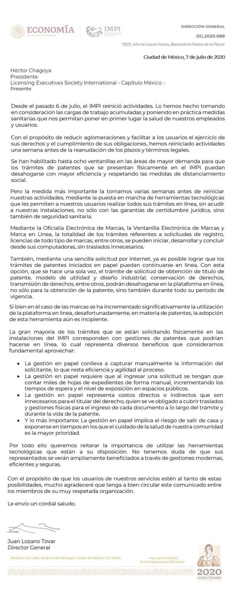 Compartimos el comunicado del IMPI sobre sus trámites en línea. Usemos las herramientas tecnológicas para protegernos durante esta pandemia.
