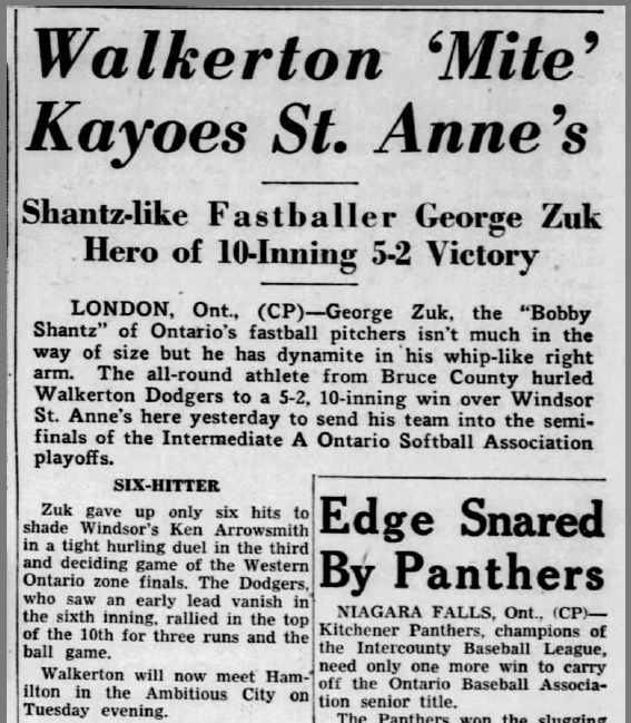 baseballtalktv1's tweet photo. Terrific athlete George Zuk passed away March in his 94th year. Accomplished in hockey &amp; horse racing, he also pitched #Walkerton to multiple Ontario softball championships in 50s. Small but mighty! Excerpt from Sept. 20th 1952 Windsor Star. RIP @SoftballOntario @SoftballCanada https://t.co/eVk0rxZYTE