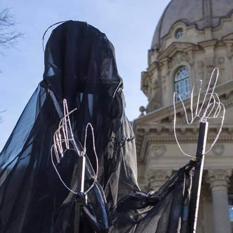 ArtsAlberta's tweet photo. This is our Grim Reaper puppet. GR came out at the February #MarchforwhatMatters and will be back on July 11th for the #KillBill1 protest on Sat July 11th 1 to 3. Why? because the @Alberta_UCP are killing democracy. #Deathofdemocracy #ABprotests https://t.co/0ynp3JKsK2