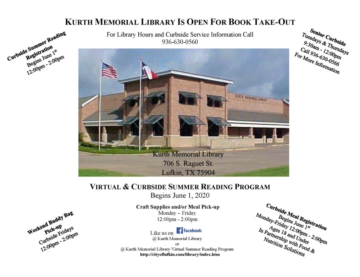 CURBSIDE MEALS AVAILABLE AT KURTH MEMORIAL LIBRARY
Monday through Friday from 12 p.m. until 2 p.m., curbside meals are available at Kurth Memorial Library located at 706 South Raguet.