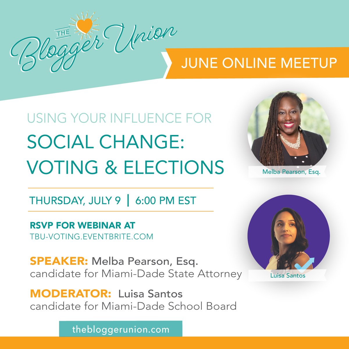 Did you know we have an upcoming election on August 18, 2020? We'll be talking w <a href="/MelbaForMiami/">Melba for Miami-Dade State Attorney</a> &amp; <a href="/LuisaSantos2020/">Luisa Santos</a> about voting &amp; elections tonight, Thursday, July 9th at 6pm EST. Join us via Zoom. Register with this link: eventbrite.com/e/voting-elect…