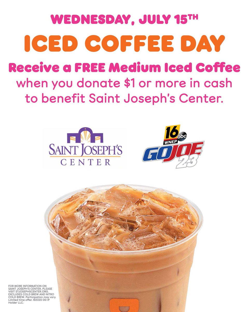 St_Joes_Center's tweet photo. NEXT WEDNESDAY, JULY 15, IS Dunkin' ICED COFFEE DAY! 

When you donate $1 or more in cash to benefit Saint Joseph's Center and #GoJoe23RideAlong you receive a FREE medium iced coffee!
Share this post with friends and family to help support #DunkinIcedCoffeeDay &amp; Saint Joe's! https://t.co/E2WhB3CTZR