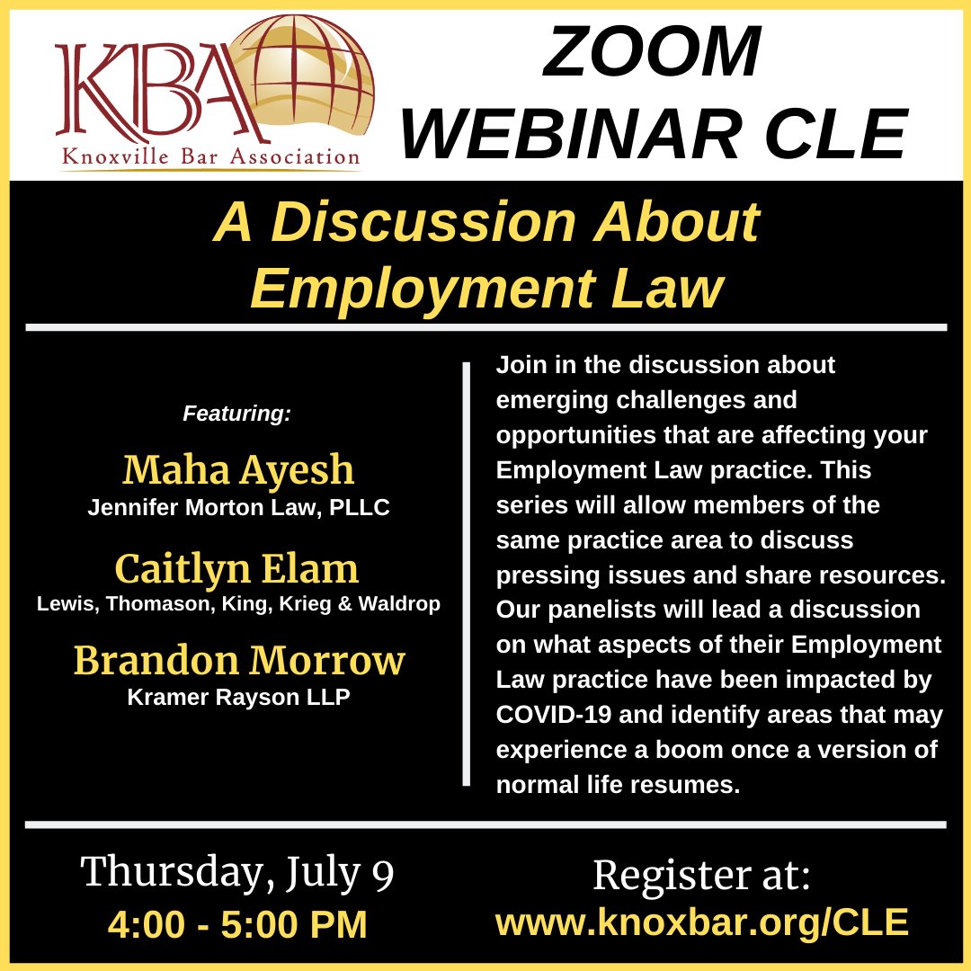 KramerRayson's tweet photo. Tune in today at 4 p.m. to hear Attorney Brandon Morrow discuss challenges and opportunities affecting the practice of Employment Law. You can register here: https://t.co/bbc3Nx7f4n  Thanks to the @KnoxBar for providing this program! #KramerRayson #CLE #Employmentlaw https://t.co/vWF8fa4VtY