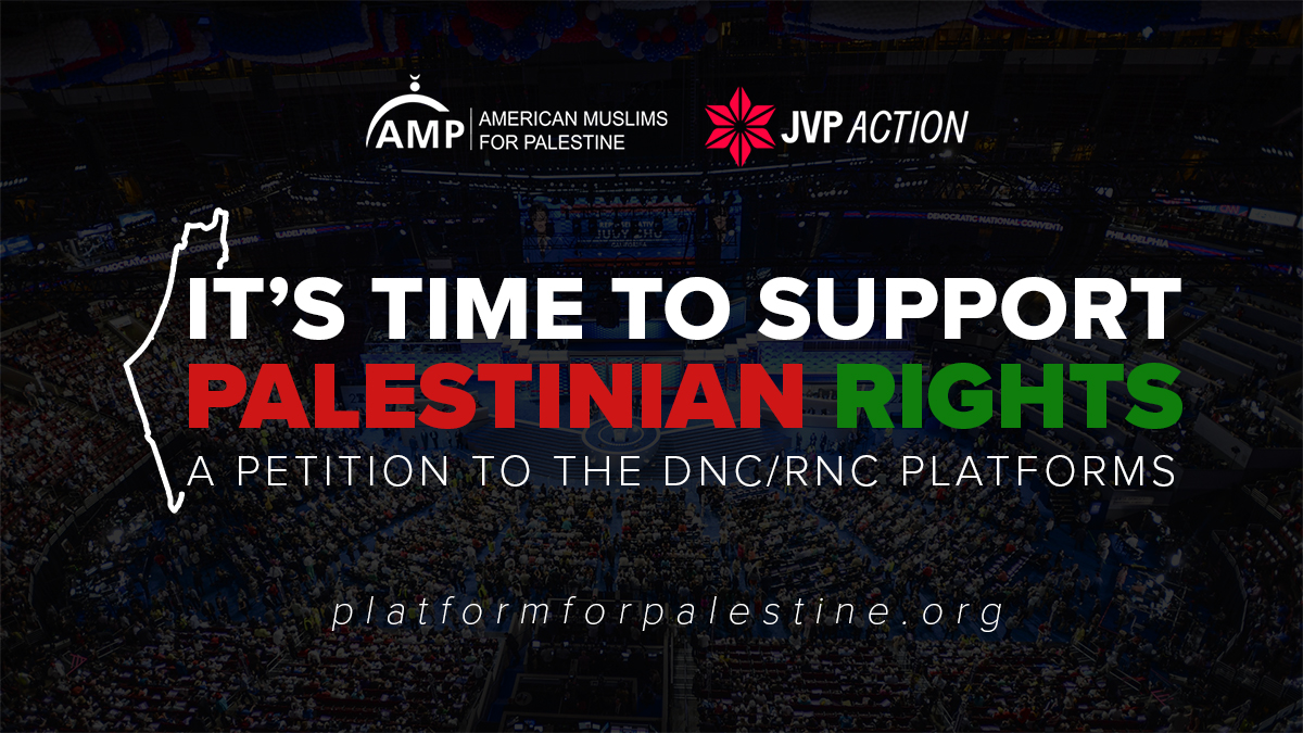 AMPalestine's tweet photo. To @TheDemocrats &amp; @GOP,
@realDonaldTrump &amp; @JoeBiden:
It's time to support #Palestinian rights in your 2020 platforms! 

To everyone in the US:
If you agree, RT &amp; sign our petition with @JvpAction:
https://t.co/xiOEGy5dV7
#PlatformForPalestine https://t.co/BGCkvX3ntQ