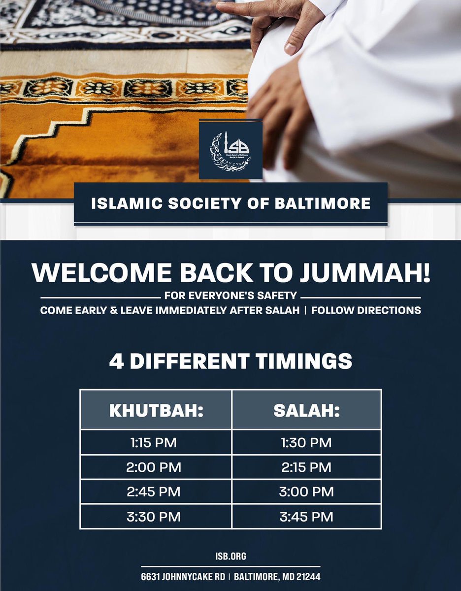 isbalrahmah's tweet photo. New Jumuah timings effective from tomorrow (July 10). Limited spots for each prayer. https://t.co/i4eVp4PfTv