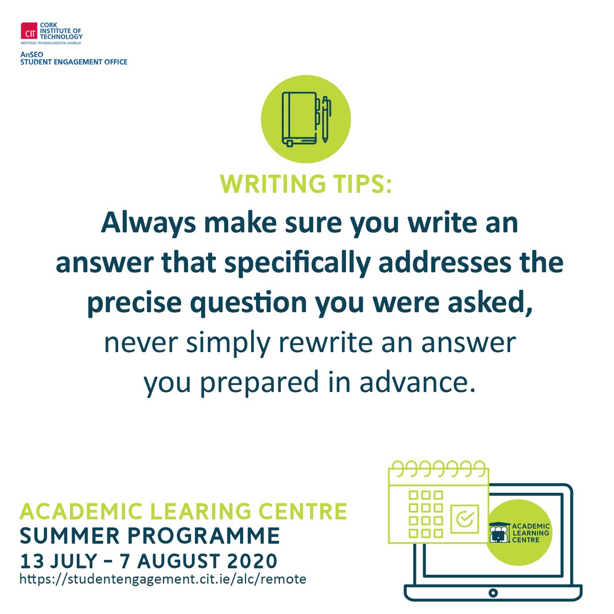 MTU_ie's tweet photo. Concerned about writing up assignments and assessments? Dr Sheila Walsh will be offering workshops as part of the #ALCSummerProgramme. Book into 'Preparing for online open book assessments: What you need to know' on Wednesday 15 July at 12pm by emailing academiclearning@cit.ie https://t.co/PMET0JDrqU