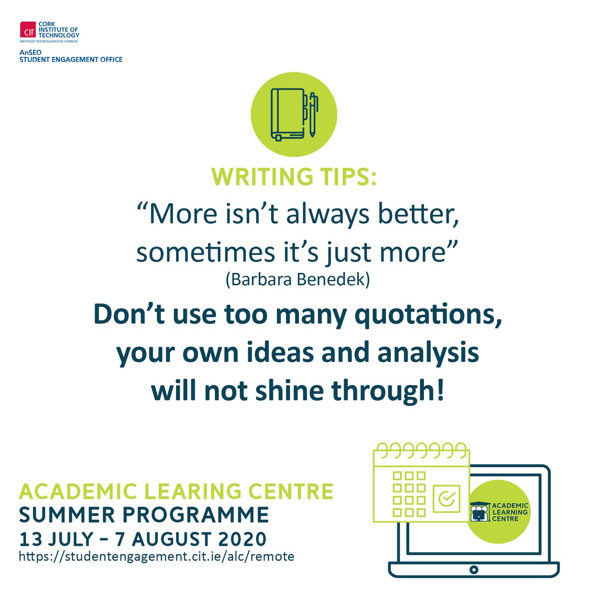 MTU_ie's tweet photo. Concerned about writing up assignments and assessments? Dr Sheila Walsh will be offering workshops as part of the #ALCSummerProgramme. Book into 'Preparing for online open book assessments: What you need to know' on Wednesday 15 July at 12pm by emailing academiclearning@cit.ie https://t.co/PMET0JDrqU