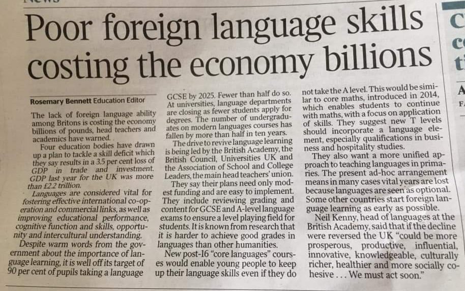 CPA_MFL's tweet photo. A very interesting article in 'the Times' highlighting the fact we need linguists in the UK! @_CPAcademy_ your country needs you more than ever! 😀 https://t.co/MMzMRVzCuW