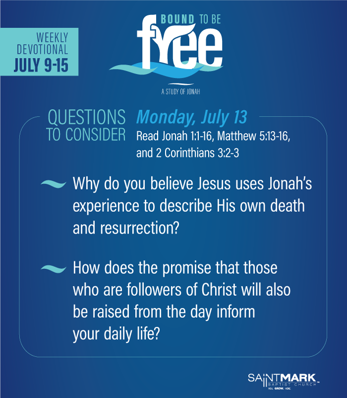 saintmarklr's tweet photo. Be sure to start your day off right with these Questions to Consider during your daily time with God. Be sure to journal as we study the book of Jonah with "Bound to Be Free." #BoundtoBeFree #BeFree #YouGROWHere @plpointer https://t.co/ov2hwooYEH