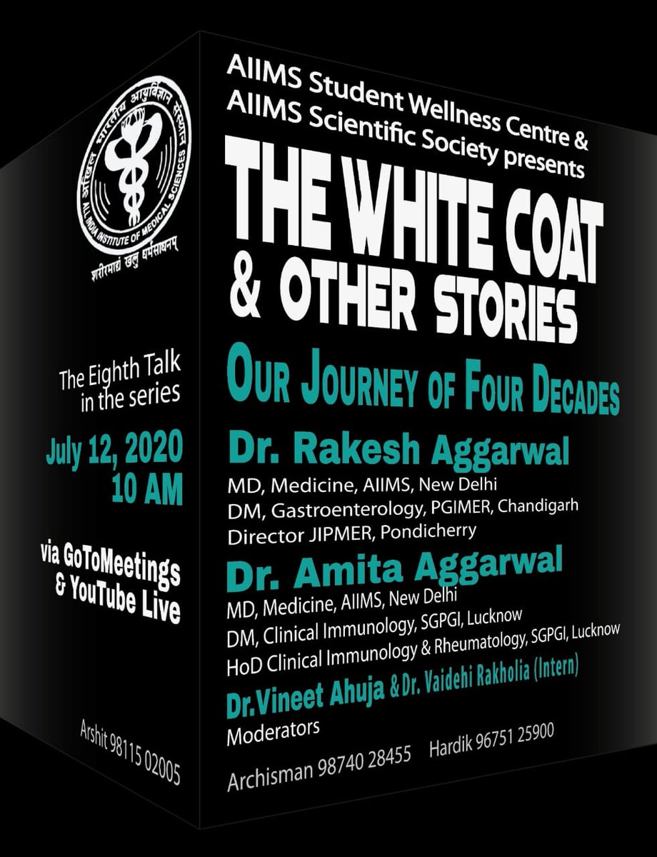 Another session of "The White Coat and other Stories" this Sunday @ 10 am. Tune in to listen to "Our Journey of Four Decades" of the power couple among physician-scientists: one a gastroenterologist/epidemiologist/Director JIPMER, the other a clinical immunologist/rheumatologist