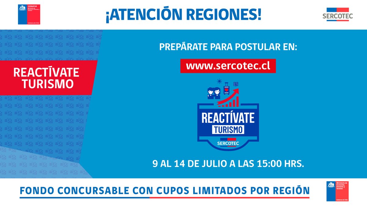 Sercotec_Chile's tweet photo. 📢¡Atención! ¿Eres micro o pequeño empresario del sector turístico y tu empresa se ha visto afectada?
Junto a @Sernatur te invitamos a postular a #ReactívateTurismo, programa que te apoyará con capital de trabajo para seguir levantándote. 
¿Dónde postular? https://t.co/SF3yhoANm2 https://t.co/21reDmehBQ