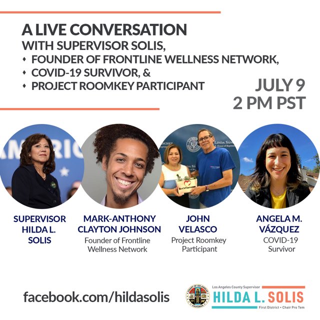 HildaSolis's tweet image. Join us for a Live Conversation today at 2pm with the founder of Frontline Wellness Network, a #COVID19 survivor, &amp;amp; a #ProjectRoomkey participant.

To watch, tune into my Facebook page. Link is in my bio.