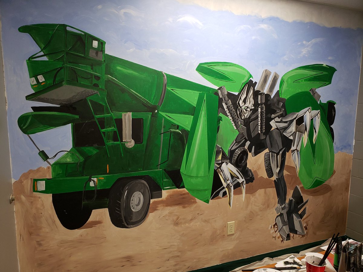 superjsmith's tweet photo. Them: Can you paint a mural of a concrete truck in our office?

Me: Sure, but what if it was a Transformer? https://t.co/QuvBrcEY76