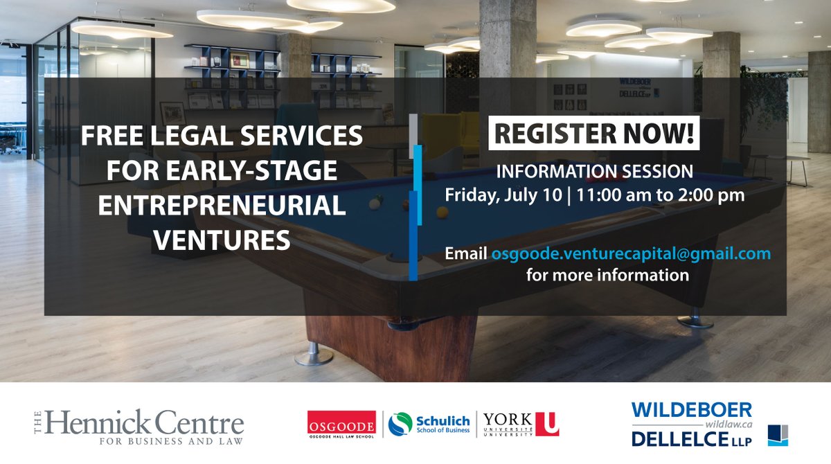OsgoodeVC's tweet image. Are you an entrepreneur? Want pro-bono legal advice from a Bay St law firm? The Osgoode Venture Capital Clinic is here to help! Book a free online session to learn more. Our next presentation will be held on July 10th on Zoom. Register at bit.ly/2UVsxtR #toronto #startup