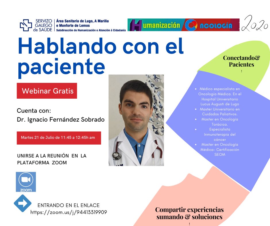 📢webinar  para pacientes oncológicos y cuidadores #Humanización #HULA 21/07/2020 11:45-12:45 h
👉vía Zoom
  ➡️enlace zoom.us/j/94413319909

@OncoLucus <a href="/bcamposbalea/">Begoña Campos</a> @_Marta_Carmona <a href="/Iz_fersob/">Ignacio</a> @LugoAECC <a href="/SomosUnidospec/">SomosUnidos</a> <a href="/chusptaboada/">Chus Perez Taboada</a> <a href="/Juankoko77/">Juan Pérez Peña</a> <a href="/angeles_dono/">Angeles Dono Diaz</a> <a href="/Pilar_RguezLedo/">Pilar Rodríguez Ledo #MFenEsencia</a>