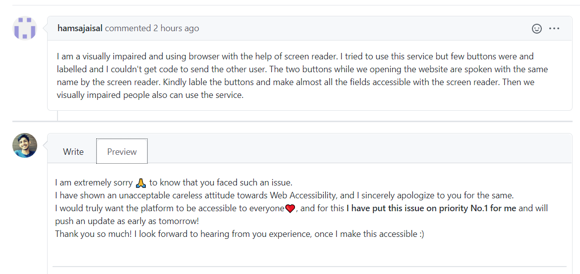 aswinshenoy_'s tweet photo. I am truly angry at myself now😖 , &amp; also for the first time, immensely proud of #Bayjdo now. I am so sorry sir🙏  And this could be the best answer to -
1. Why care about Accessibility? 
2. What's the potential of open source? 
#EyeOpener #AccessibilityMATTERS #PowerOfOpenSource https://t.co/GqmedRIfdw