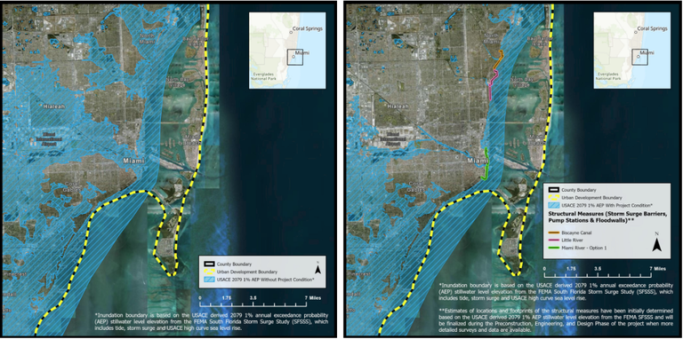  @kenrussellmiami asks for a graphic (like this) showing what kind of inland surge Miami-Dade would see if a storm surge barrier isn't built at the Miami River.