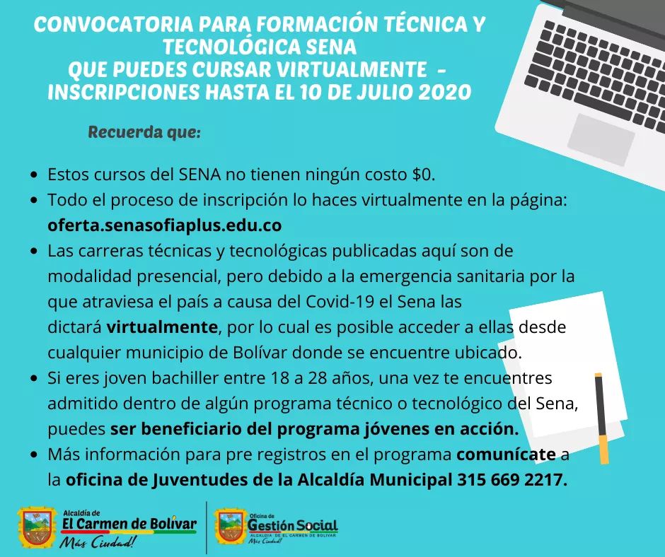 elcarmenmasc's tweet photo. ¡Información de Interés!

Carmeros hay convocatoria abierta para formación técnica y tecnológica @SENAComunica que pueden cursar virtualmente.
Inscripciones hasta el 10 de julio 2020. 

#ElCarmenDeBolivarMásCiudad
#MásEducación 
#QuedateEnCasa https://t.co/f9Gc18ZREr