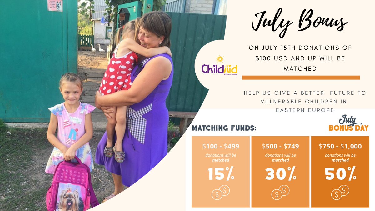 childaidrr's tweet photo. SAVE THE DATE! Next week we are participating in @GlobalGiving's July Bonus .
Donations of $100 USD and up will be matched on Wednesday, July 15, 2020, starting at 9 a.m. ET. The higher the amount, the higher the match while funds last.
#julybonus #SaveTheDate https://t.co/byzrfgPoEy
