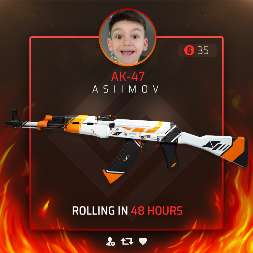 🎁 $35 AK-47 | ASIIMOV GIVEAWAY

Enter now:
- Retweet
- Follow me &amp; <a href="/Lucky7Bonus/">Lucky7Bonus 🔞</a> 
- Tag a friend

⏰ 48 HOURS - GOOD LUCK!