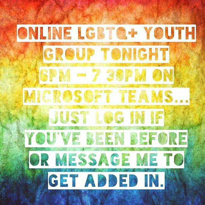Don't forget the LGBTQ+ group are meeting online tonight at 6pm. Contact Leia.smith@salford.gov.uk to get an invite. #salfordyouthservice #lgbtq+
