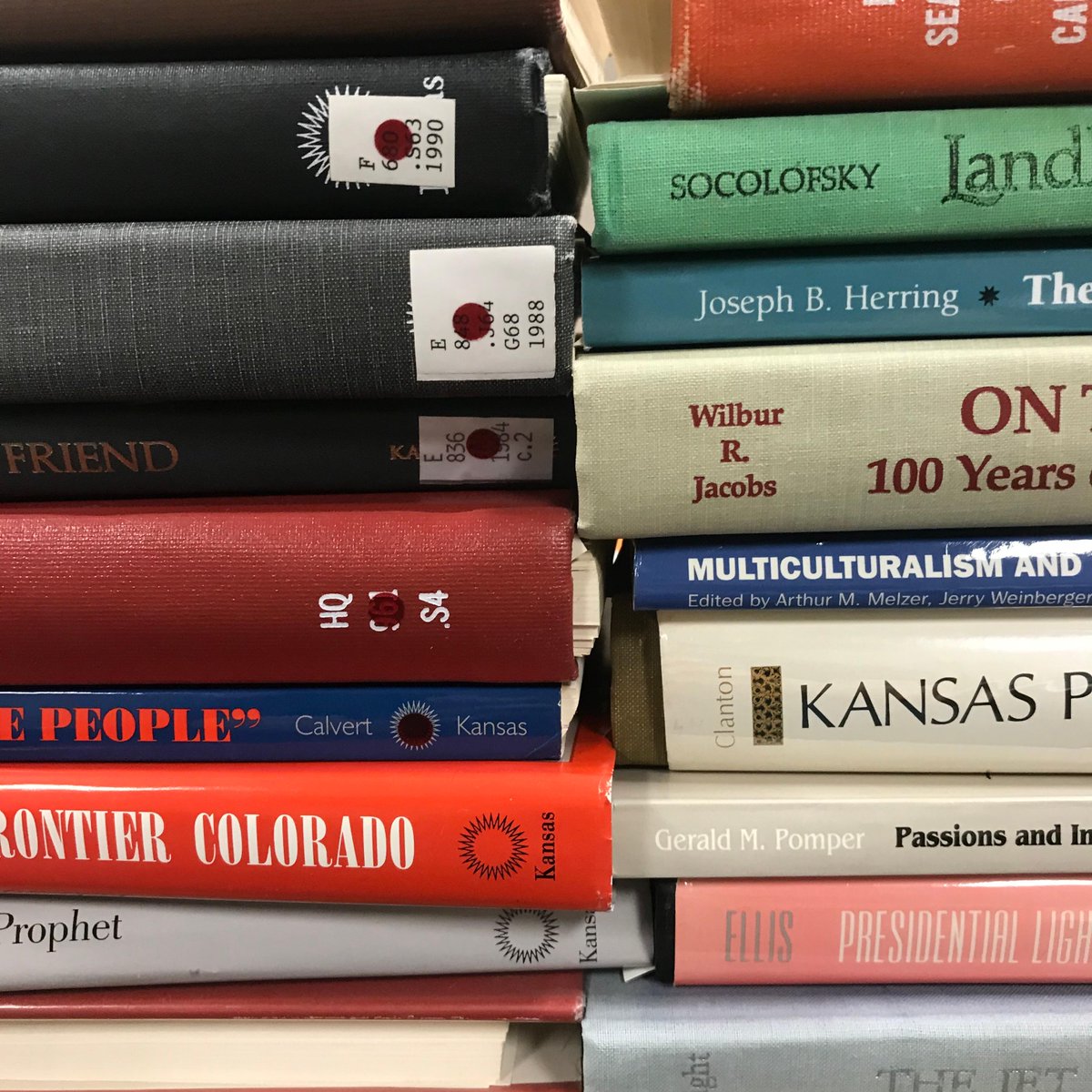 A stack of books in our scan department! @kansas_press and <a href="/kulibraries/">KU Libraries</a> are scanning out-of-print humanities texts into freely accessible digital resources as part of the Humanities Open Book grant program led by <a href="/MellonFdn/">Mellon Foundation</a> and <a href="/NEHgov/">National Endowment for the Humanities</a>.