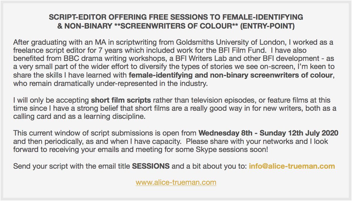 alicetrueman's tweet image. I'm offering FREE script editing sessions to female-identifying and non-binary *screenwriters of colour* (entry-point). Pls RT the attached
#scriptediting #screenwriters #screenwritersofcolour #femalewriters #nonbinarywriters #blacklivesmatter #blackvoicesmatter #diversifythearts