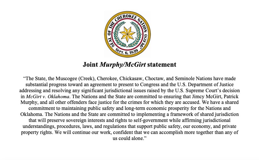 "We will continue our work, confident that we can accomplish more together than any of us could alone": Muscogee (Creek) Nation, Cherokee Nation, Chickasaw Nation, Choctaw Nation &amp; Seminole Nation are presenting united front with #Oklahoma on #McGirt.
indianz.com/supremecourt/?…