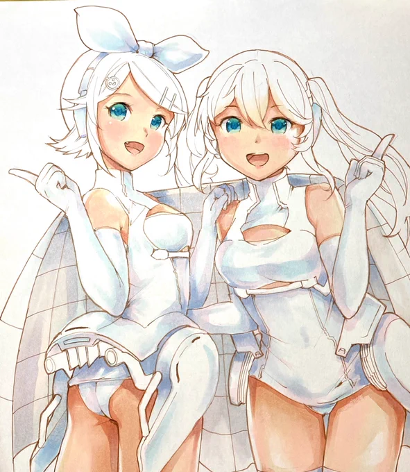 Racing Rin &amp; Racing Miku 
Drawing now!!!¶(⁄•˅̮•∖)⁋? 