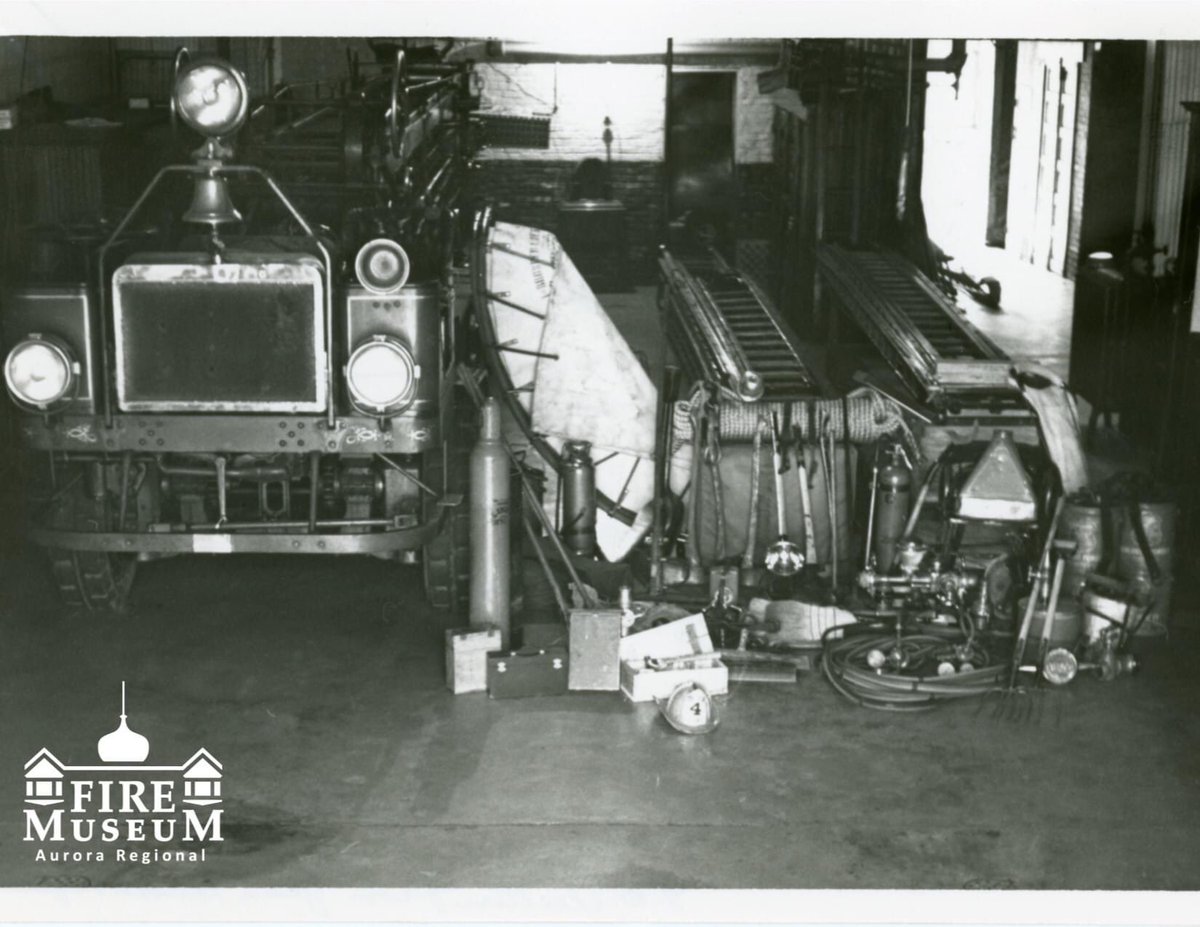 Aurora_FireMuse's tweet photo. This picture of the AFD’s 1910 aerial ladder truck was likely taken on its last day in Central Station. Next to it you can see all the equipment that was housed on the truck during its service with the fire department! https://t.co/LM4momCJXc