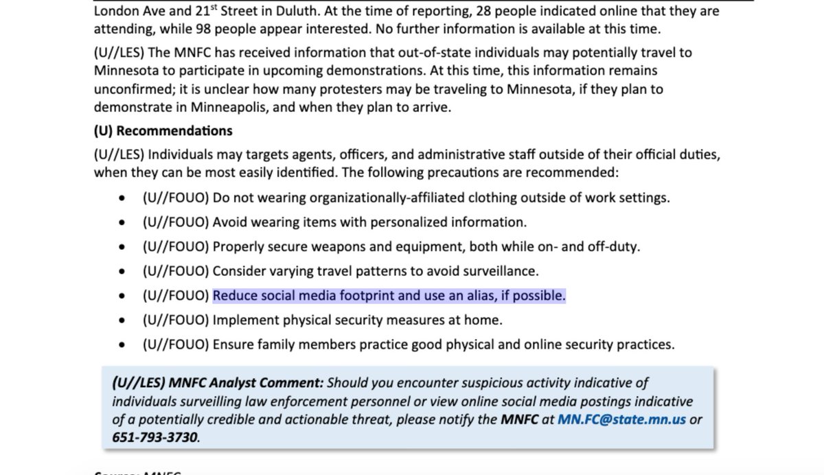 Following the killing of  #GeorgeFloyd, Minnesota police were told to "Reduce social media footprint and use an alias, if possible." Meanwhile, authorities kept a close eye on Twitter.  #BlueLeaks