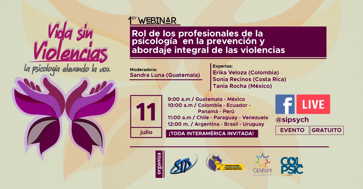 ColpsicOficial's tweet photo. Vida sin Violencias: la Psicología elevando la voz.
Te invitamos al"Primer Webinar: Rol de los profesionales de la psicología en la prevención y abordaje integral de las violencias", 11 de Julio de 2020 a través de facebook live de la Sociedad Interamericana de Psicología. https://t.co/WRuQduiIZT