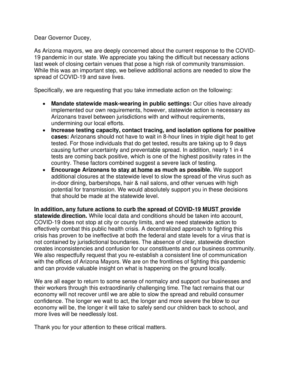 TucsonRomero's tweet photo. I'm joining @MayorGallego, @Coral4AZ, @AnnaTovarAZ, and @coreywoodstempe, in asking @dougducey to take statewide action on COVID-19:

✅Statewide mask requirement
✅Increase testing + contact tracing
✅Additional statewide closures of venues w/ high potential for transmission https://t.co/16nKlXPyc6