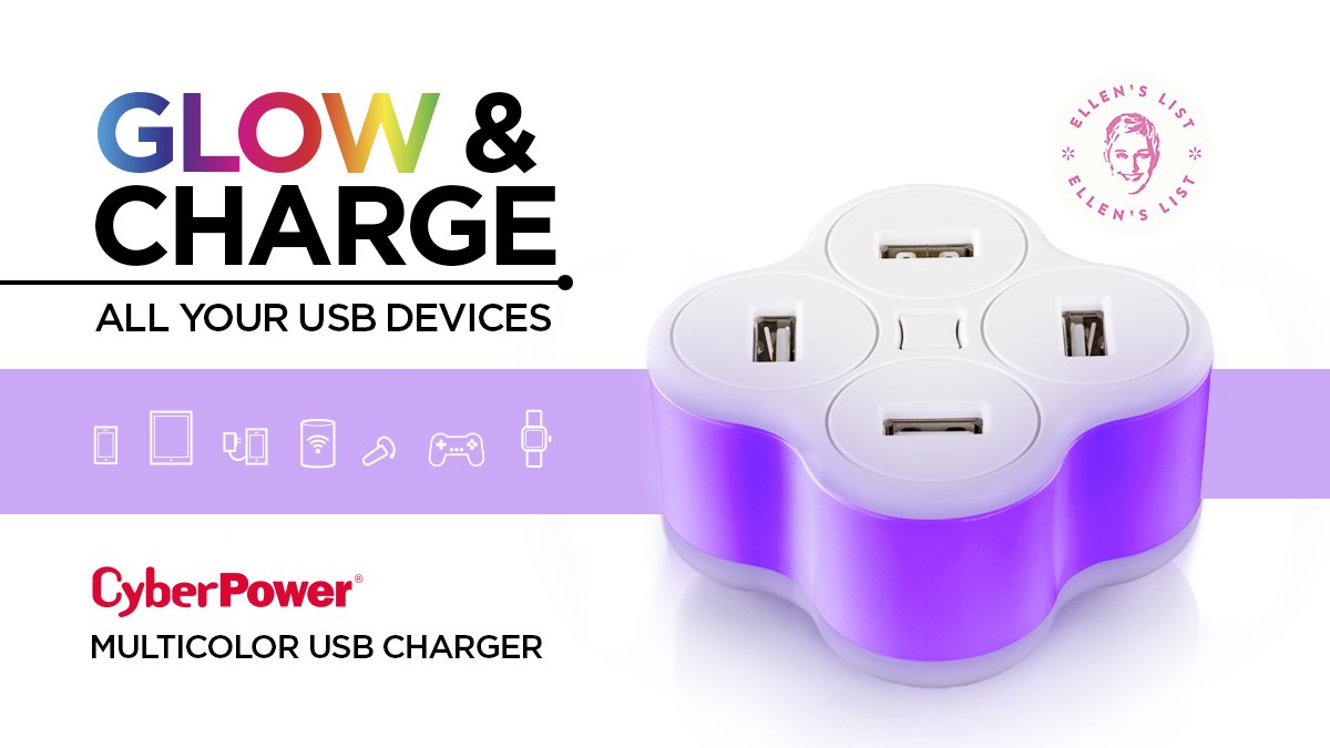 CyberPowerInfo's tweet photo. As Seen On #EllensList @CyberPowerInfo GLOW &amp; CHARGE 4.2A Multicolor USB Charger TR14A42U https://t.co/zRux3PAt5j. Available @Walmart https://t.co/K7d4gwS5Zj perfect for the #homeoffice and #workingfromhome. #UltimateAllyInPower https://t.co/wCOi80lrLt