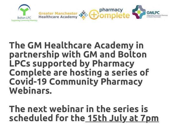 luvjitkandula's tweet photo. Calling all Community pharmacists and teams book your place now for #covid19 webinar on 15th July  @GMLPC_ and @BoltonLPC @CHL_GM with @pharmacycomplet https://t.co/f4uwznjbx0 https://t.co/d7A5wfn9KA