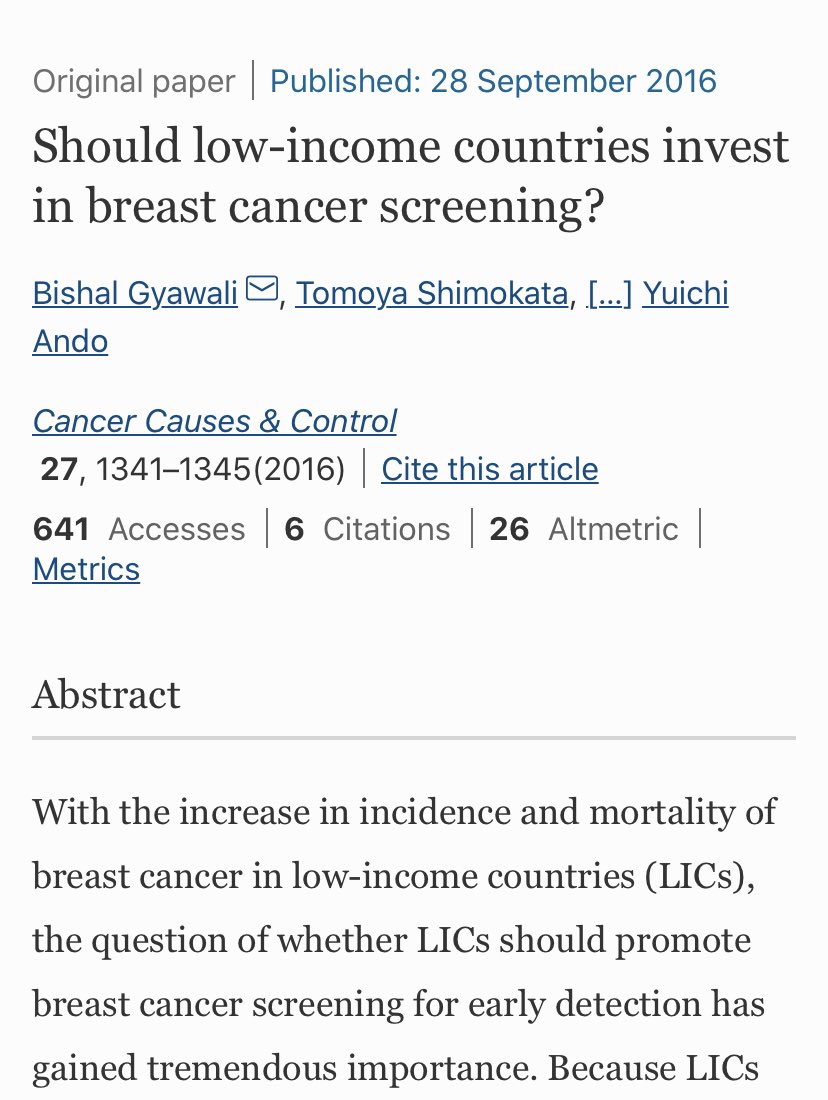 This was a provocative paper but seeing LMICs spend their limited resources on unproven expensive screening modalities compelled me to write this w/  @KAZ99081 :  https://link.springer.com/article/10.1007/s10552-016-0812-8