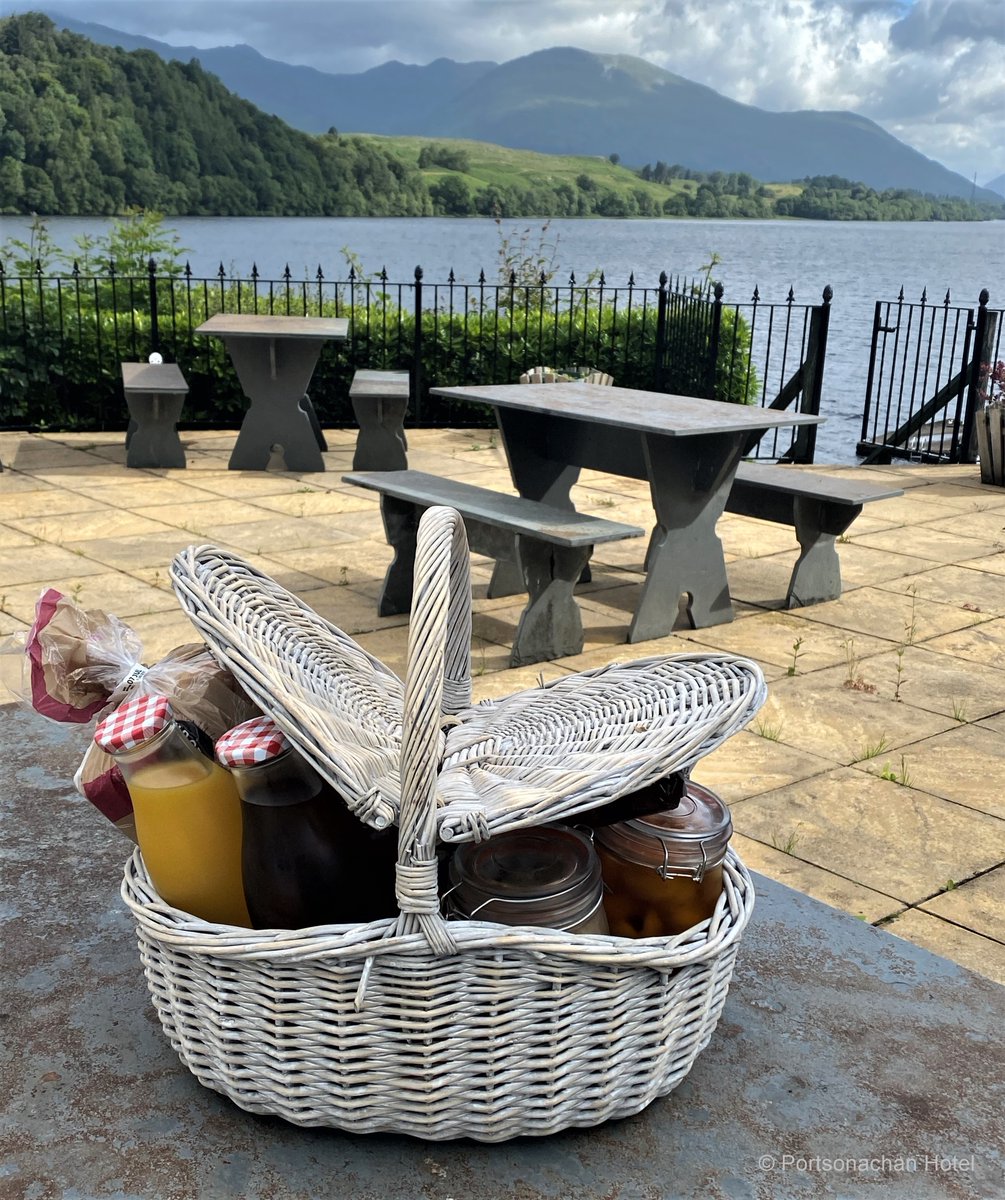 PortsonachanH's tweet photo. BREAKFAST IS SERVED! @redhampers basket with orange juice, milk, homemade granola, alpine muesli, apricots in cinnamon & star anise syrup, yogurt, jam, butter, homemade bread & croissant, #yum! Glass containers for thorough cleaning #breakfasthamper #portsonachanhotel #lochawe https://t.co/GmXCCrR0Ui