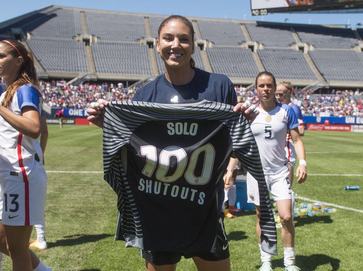USWNT's tweet photo. More historic moments ✨

Four years ago today, @hopesolo became the first goalkeeper ever to record 💯 international shutouts as the USWNT defeated South Africa, 1-0 in Chicago. https://t.co/66RJZjyDUM