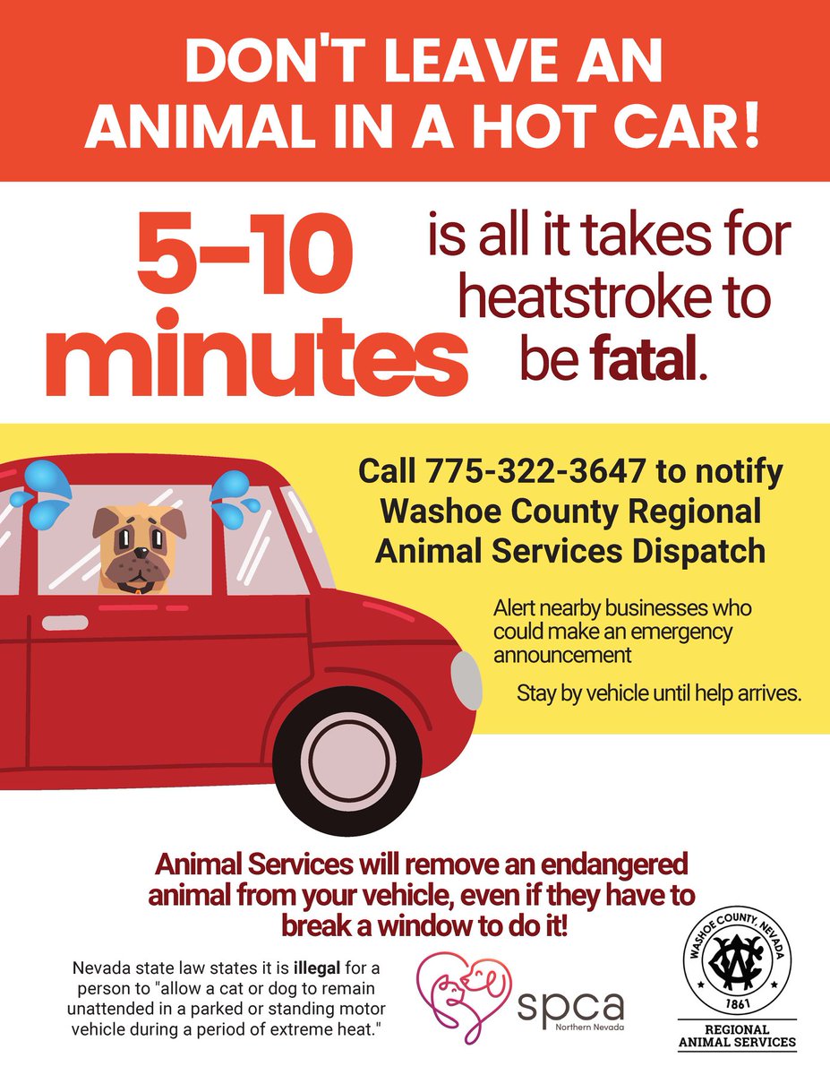 washoecounty's tweet photo. In 2019,  #WashoeCountyRegionalAnimalServices received 673 calls reporting dogs locked in hot cars! Be part of the solution to keep pets safe. @NevadaSPCA #notevenforaminute #hotcarscanbefatal https://t.co/zk1fKOBUi4