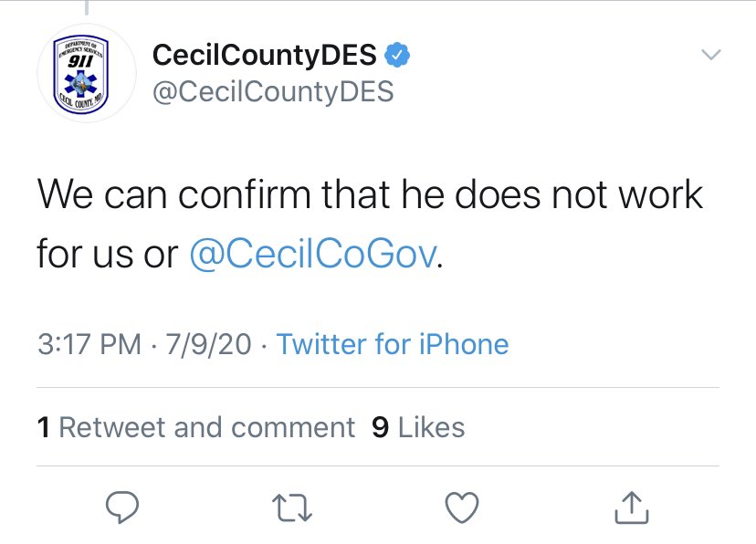 “He doesn’t work for us or Cecil County government,” but when 911 is called you do send Jerry Crutchfield out to respond.What if Jerry, who posts lynch threats online, is deployed to an auto accident and sees a bumber sticker he doesn’t like? Will he value Black lives then?