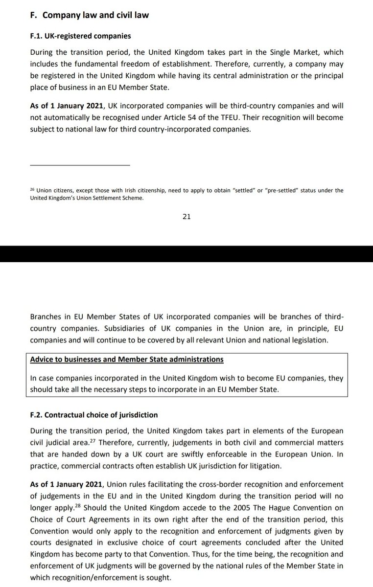13/ UK firms must comply with national law on incorporation, but benefit from free movement after that. Civil law rules cease to apply (nb the withdrawal agreement has rules on pending cases). No mention of UK seeking to sign the Lugano convention, which covers some of this area.