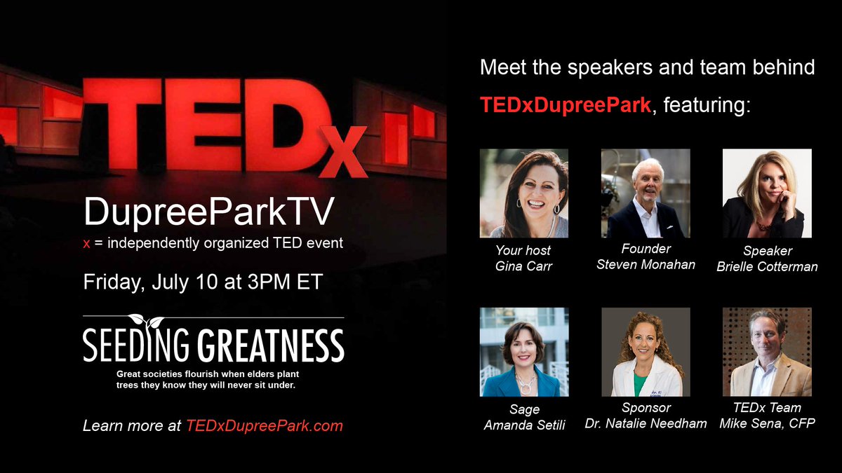 TEDxDupreePark's tweet photo. TEDxDupreePark TV is back this week! Don't miss it tomorrow at 3PM ET! 
Hosted by Gina Carr
Featuring:
Founder Steve Monahan
Double threat Speaker and Coach Brielle Cotterman
Sage Amanda Setili
Sponsor Dr. Natalie Needham https://t.co/O2vgwBexQK