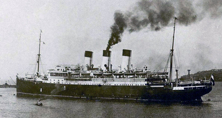 This is the German ocean liner Cap Trafalgar. It was by all accounts a grand, luxurious vessel. Brand new in 1914. Wikipedia describes it as "the epitome of pomp, elegance, and Germanic engineering."When WWI started, it too was fitted with guns and given military duties.