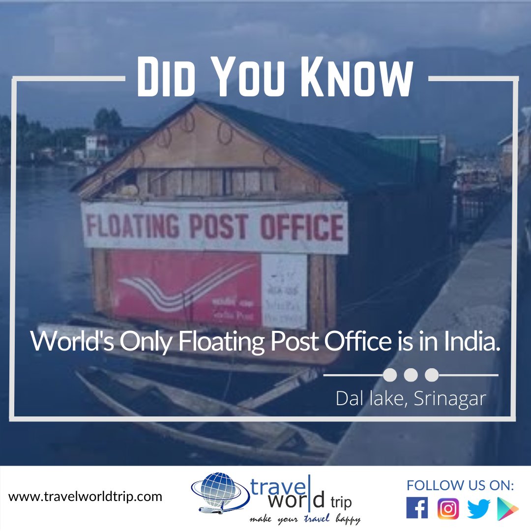 The floating post office is located in the beautiful city of Srinagar in Kashmir, amidst picturesque snow-clad mountains on a huge houseboat in Dal Lake.

#travelworldtrip #trendingTopic #DidYouKnow