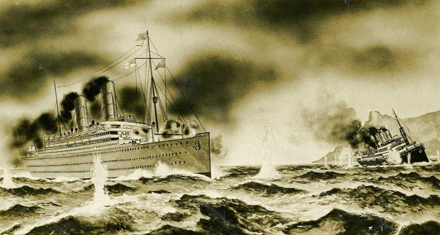 The British merchant ship Carmania seemed to be on its last legs. It had a leak from a hole underwater. It was on fire. The captain's bridge was destroyed.But then the Carmania manages to shoot one last shot. Perfect aim. All of a sudden the German ship just...sinks. Glass jaw.