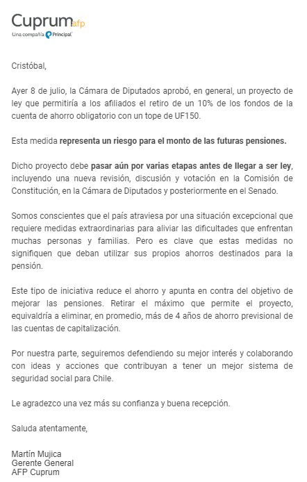 Que #careraja email <a href="/CuprumAFP/">Cuprum AFP</a> haciendo llamado a no apoyar el proyecto #RetirodeFondosPrevisionales #ContigoCHV cierran carta así: Seguiremos defendiendo su mejor interés y colaborando con ideas y acciones que contribuyan a tener un mejor sistema de seguridad social para Chile.
